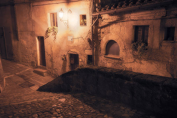 istock Medieval town street at night 507364416