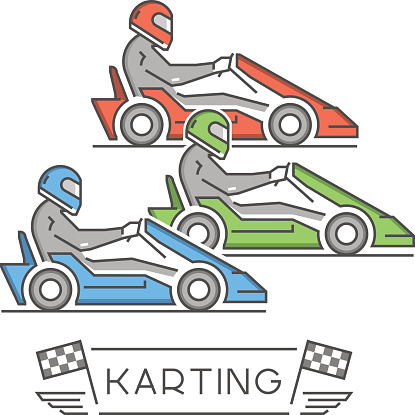 Line and flat karting logo and symbol. Silhouette figures kart racer. Linear sport symbol, label and badge.