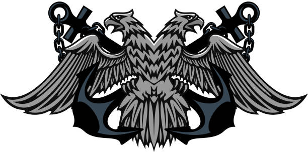 Double headed Imperial eagle on anchors Fierce double headed Imperial eagle icon on crossed anchors with chains for heraldic design anchor free pic stock illustrations