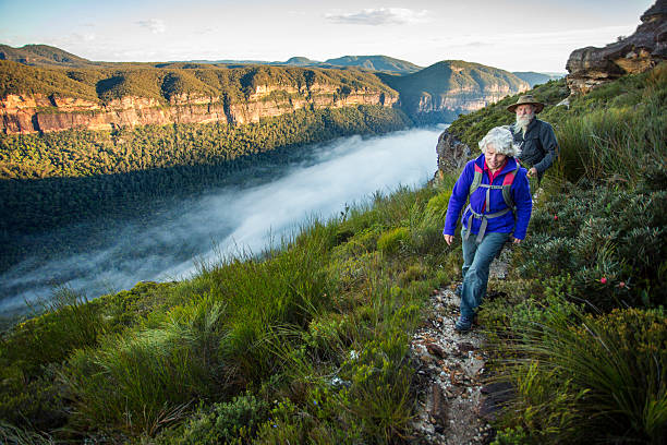 couple senior randonnée dans des montagnes bleues paysage australien - blue mountains national park photos et images de collection