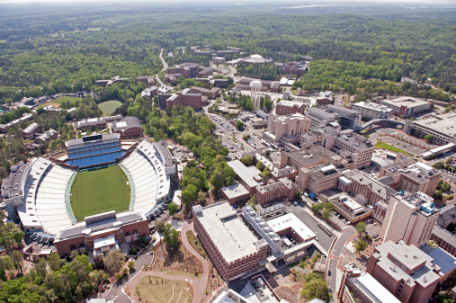 An aerial view of the University of North Carolina campus and surrounding area in Chapel Hill, North Carolina.