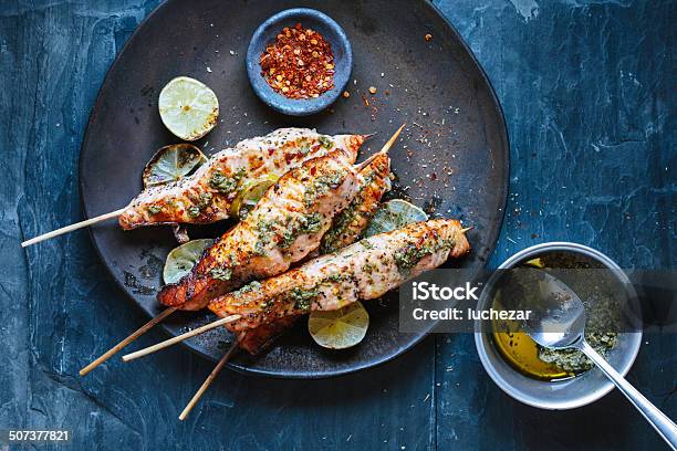 Salmon Satay Stock Photo - Download Image Now - Fish, Barbecue - Meal, Barbecue Grill