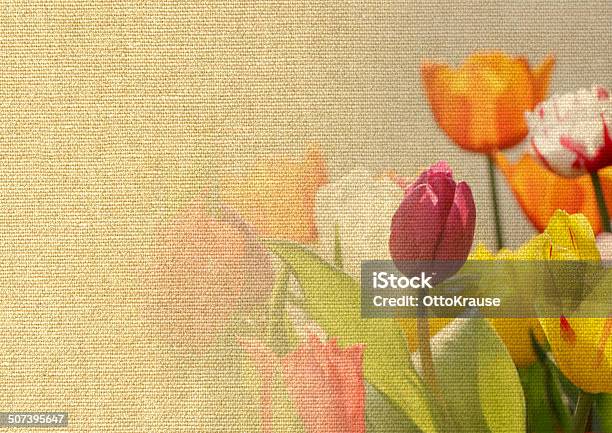 Tulips On Canvas Texture Stock Photo - Download Image Now - Artist's Canvas, Colors, Copy Space