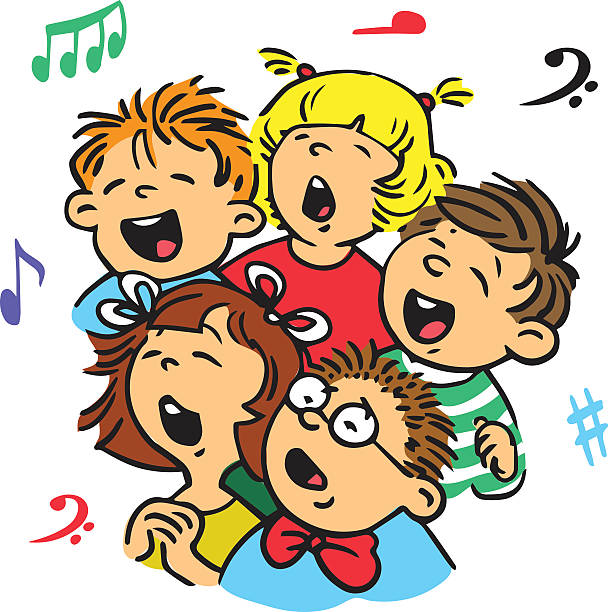 Musicians Hand drawn. Vector illustration. Group of children singing in unison a song. church clipart stock illustrations