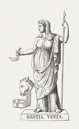 Hestia - Greek goddess of the hearth and the domesticity. Wood engraving, published in 1878.