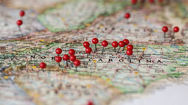 USA Map with Pin locations featuring the Carolinas USA Map with red pins featuring the Carolinas, specifically Raleigh Durham.  Could be used to showcase store locations or represent many locations. chapel hill photos stock pictures, royalty-free photos & images