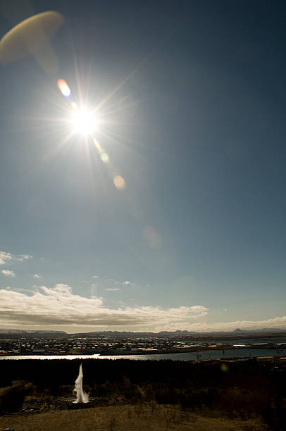 Light flare on Manmade Geysir in Reykjavik, Iceland