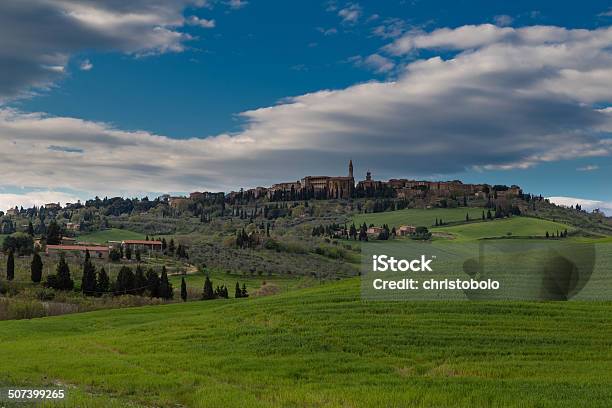 Idyllic View On Pienza In Val Dorcia Stock Photo - Download Image Now - Agricultural Field, Backgrounds, Beauty In Nature