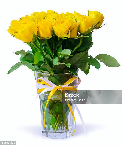 Bouquet Of Yellow Roses Isolated On White Stock Photo - Download Image Now - Bouquet, Bud, Decoration