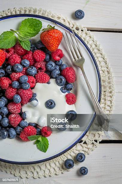 Berry Fruits With Cream Stock Photo - Download Image Now - Appetizer, Beige, Berry Fruit