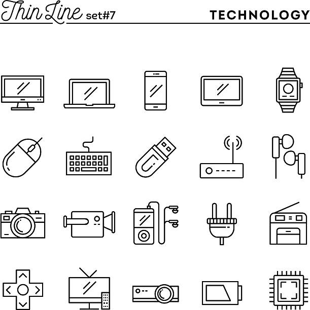 illustrazioni stock, clip art, cartoni animati e icone di tendenza di tecnologia, dispositivi, gadget e molto altro ancora, sottile linea icone impostare - watch battery