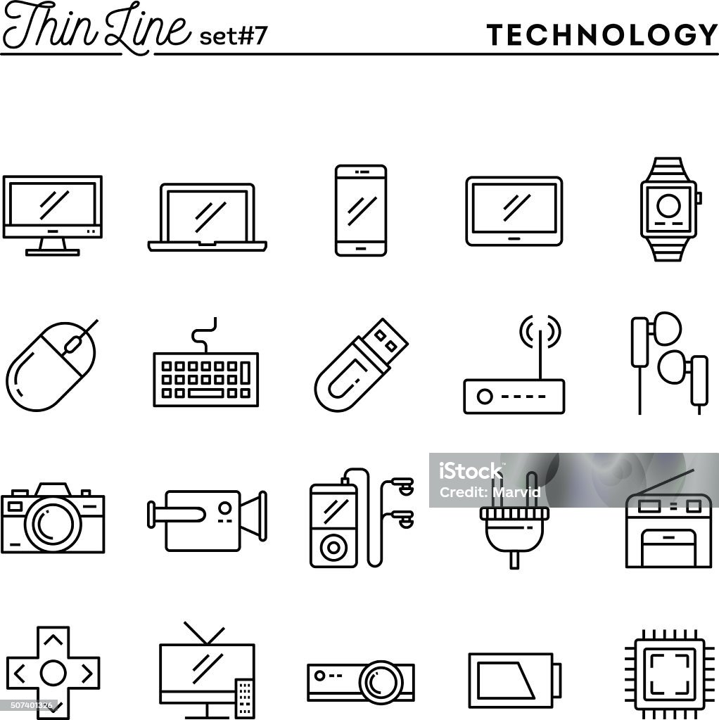 Technology, devices, gadgets and more, thin line icons set Technology, devices, gadgets and more, thin line icons set, vector illustration Icon Symbol stock vector