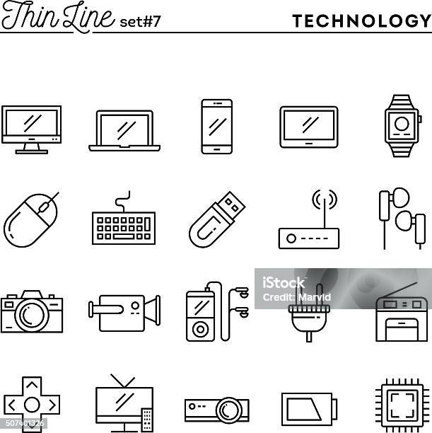 Technology Devices Gadgets And More Thin Line Icons Set Stock Illustration - Download Image Now