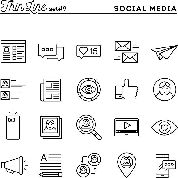 Social media, communication, personal profile, online posting and more Social media, communication, personal profile, online posting and more, thin line icons set, vector illustration following moving activity photos stock illustrations