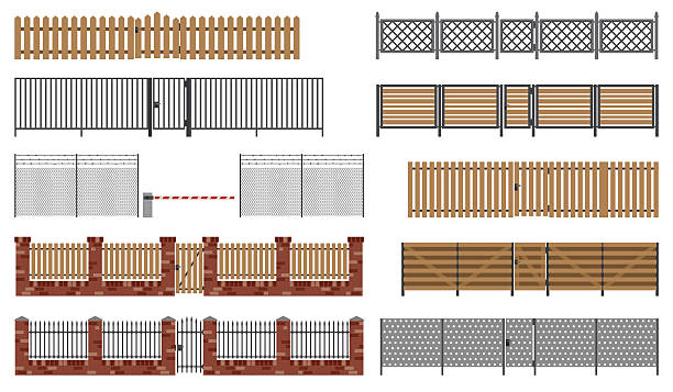 Metal and wooden fences and gates. Metal and wooden fences and gates in flat style. Simple vector illustration. brick house isolated stock illustrations