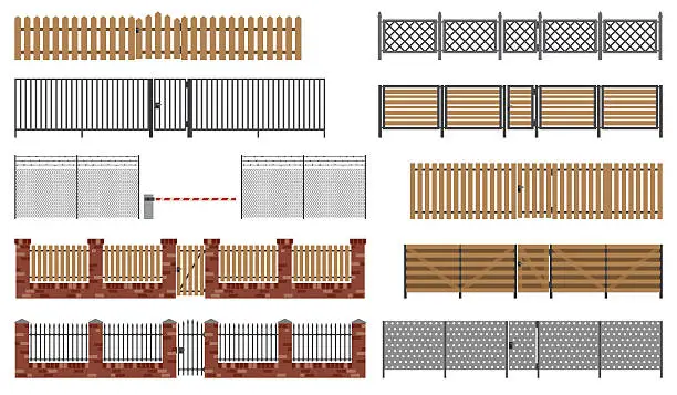 Vector illustration of Metal and wooden fences and gates.