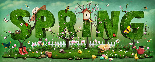 Spring Beautiful festive spring illustration on Mother's Day and Easter with trees in form of letter. Computer graphics. month of march stock illustrations