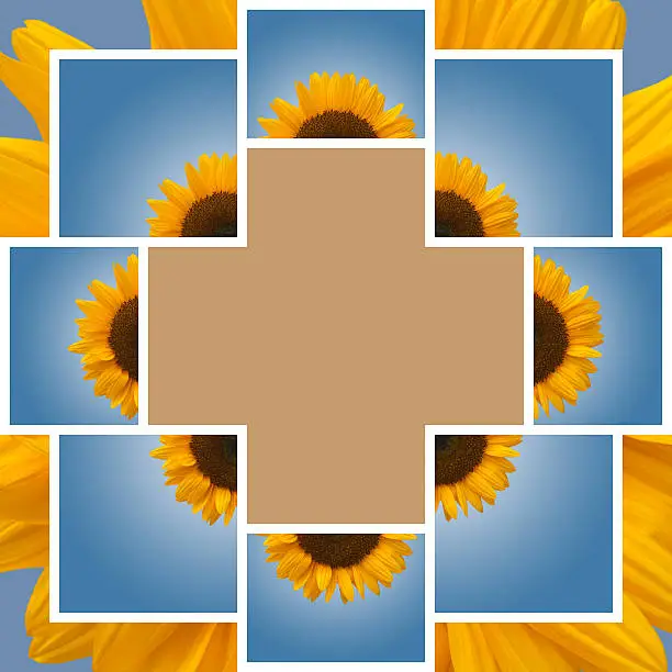 Sunflower Collage Brown Freespace on Blue Background with Halo and Burst Effect
