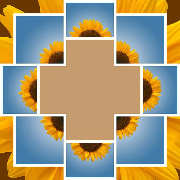 Sunflower Collage Brown Freespace on Brown Background with Halo and Burst Effect