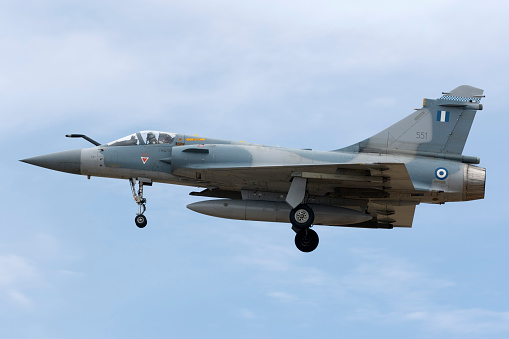 Luqa, Malta September 25, 2015: Greek Air Force Mirage 2000 on finals for runway 31, one of two attending the Airshow.