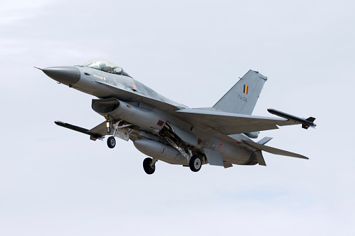 Luqa, Malta September 25, 2015: One of two Belgian F-16 jet fighters attending the Malta Airshow landing.