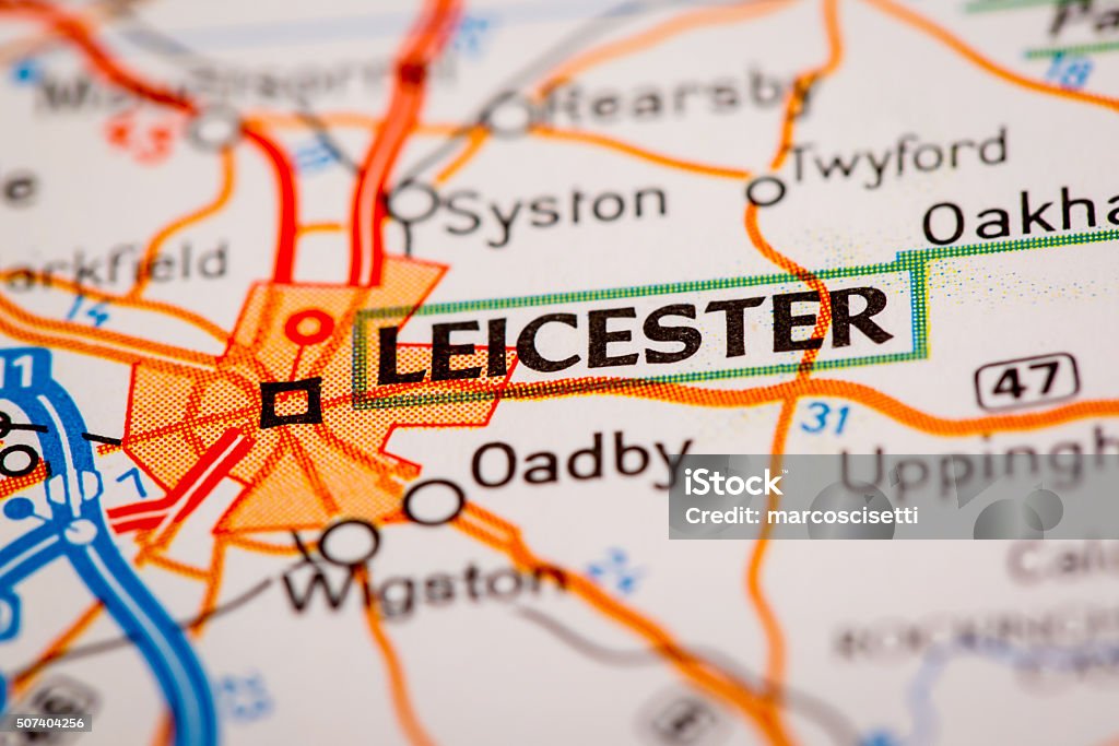 Leicester City on a Road Map Map Photography: Leicester City on a Road Map Leicester Stock Photo