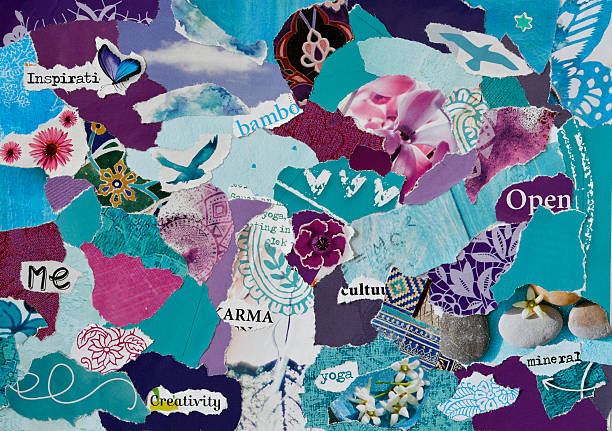 zen atmosphere mood board collage sheet  in purple,blue pink