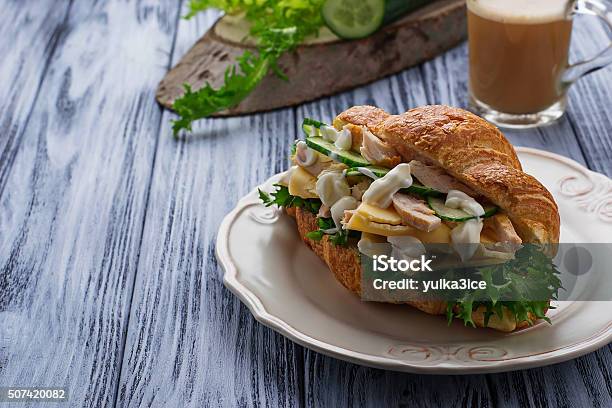 Croissant Sandwich With Chicken Cheese Cucumber Stock Photo - Download Image Now - Baked, Baked Pastry Item, Bread