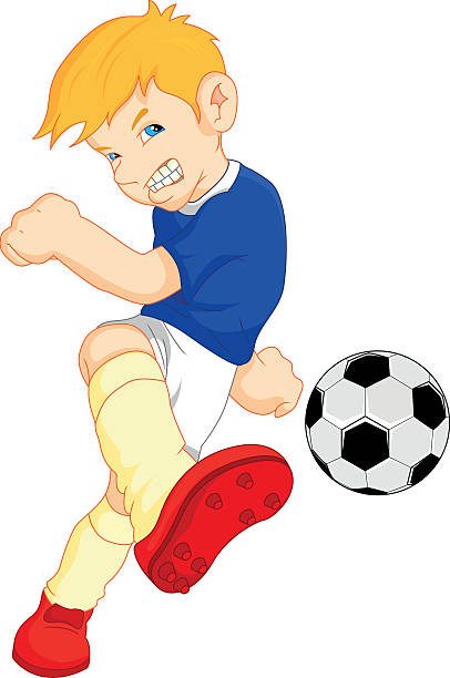 junge comic-soccer spieler - soccer action child purple stock-grafiken, -clipart, -cartoons und -symbole