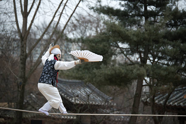 Seoul, South Korea - January 28, 2016: Acrobatics on a Tightrope walking at Korean Folk Village on January 28, 2016 in Yongin, South Korea. Korean Folk Village is a living museum type of tourist attraction.