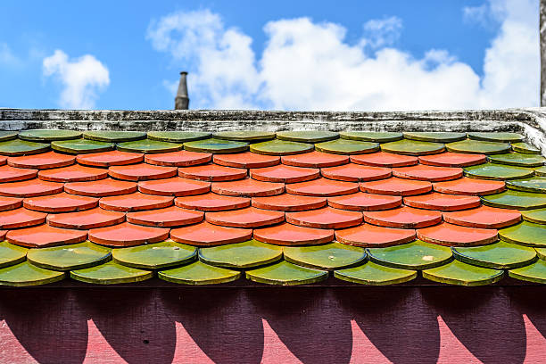 крыша плитки текстуру, тайский храм крыши - macro construction building activity roof tile стоковые фото и изображения