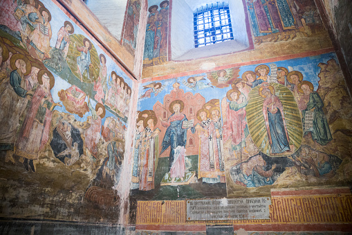 Kirillov, Russia - January 6, 2016: Ancient frescoes on the walls of the Assumption Cathedral of the Kirillo-Belozersky monastery. Vologda region, Russia