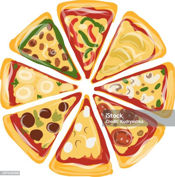 Pieces Of Pizza Sketch For Your Design Stock Illustration - Download Image Now - Backgrounds, Cartoon, Circle