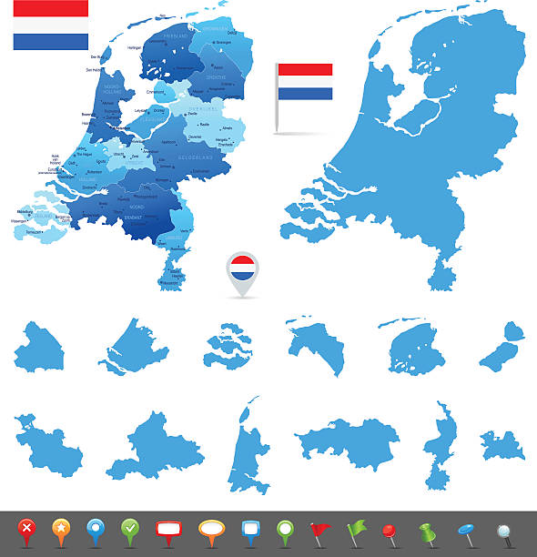 Map of Netherlands - states, cities and navigation icons Vector maps of Netherlands with variable specification and icons gouda south holland stock illustrations