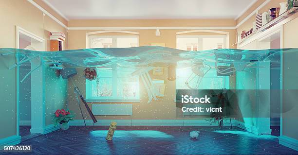 Underwater Flooding Interior Stock Photo - Download Image Now - Flood, House, Residential Building