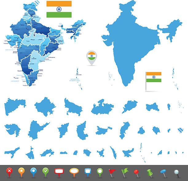 карта индии-штатах, городах и навигации иконки - india capital cities new delhi map stock illustrations