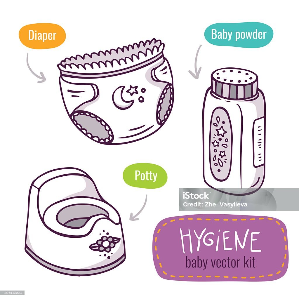 Vector line art icon set with baby products for hygiene Vector line art icon set with baby products for hygiene - diaper, potty, baby powder - isolated on white Baby - Human Age stock vector