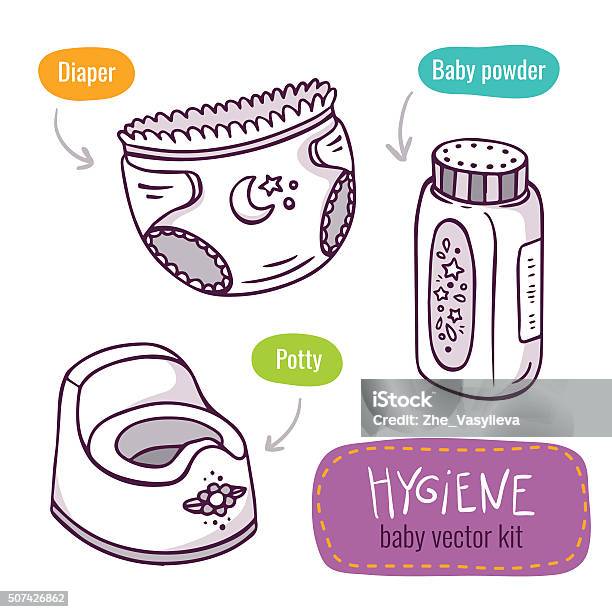 Vector Line Art Icon Set With Baby Products For Hygiene Stock Illustration - Download Image Now