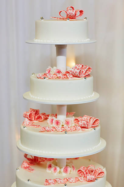 istock White wedding cake decorated with pink roses 507428662