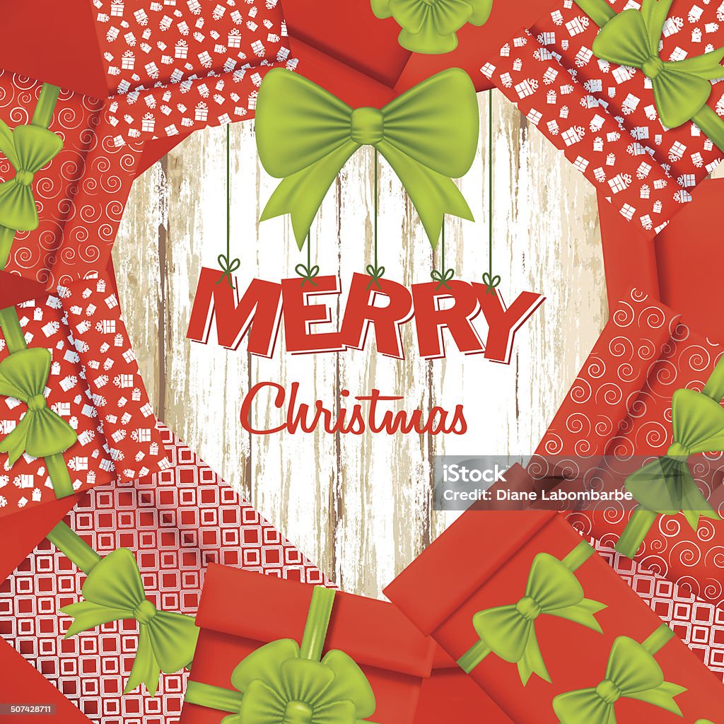 Cartão de saudação de Natal presentes coração em fundo de madeira - Vetor de 2014 royalty-free