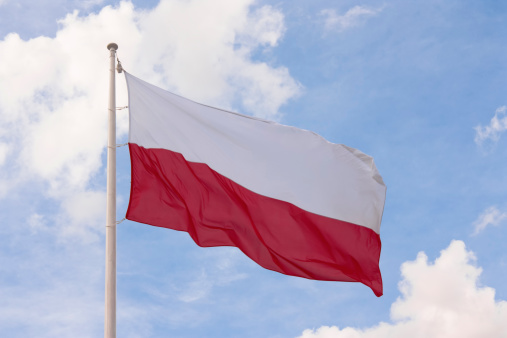 Flag of Poland with Coat of arms isolated on white background with copy space below. 3D rendering