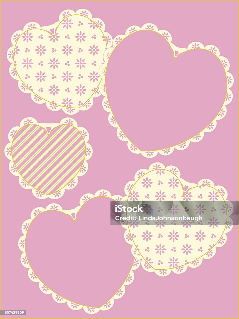 Victorian Eyelet Trimmed Hearts and Copy space Five different hearts with Victorian eyelet trim in shades of pink, gold and ecru with copy space. Backgrounds stock illustration