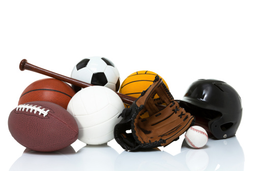 basketball, football, volleyball, water polo, baseball, wood bat, helmet Sports equipment isolated on white
