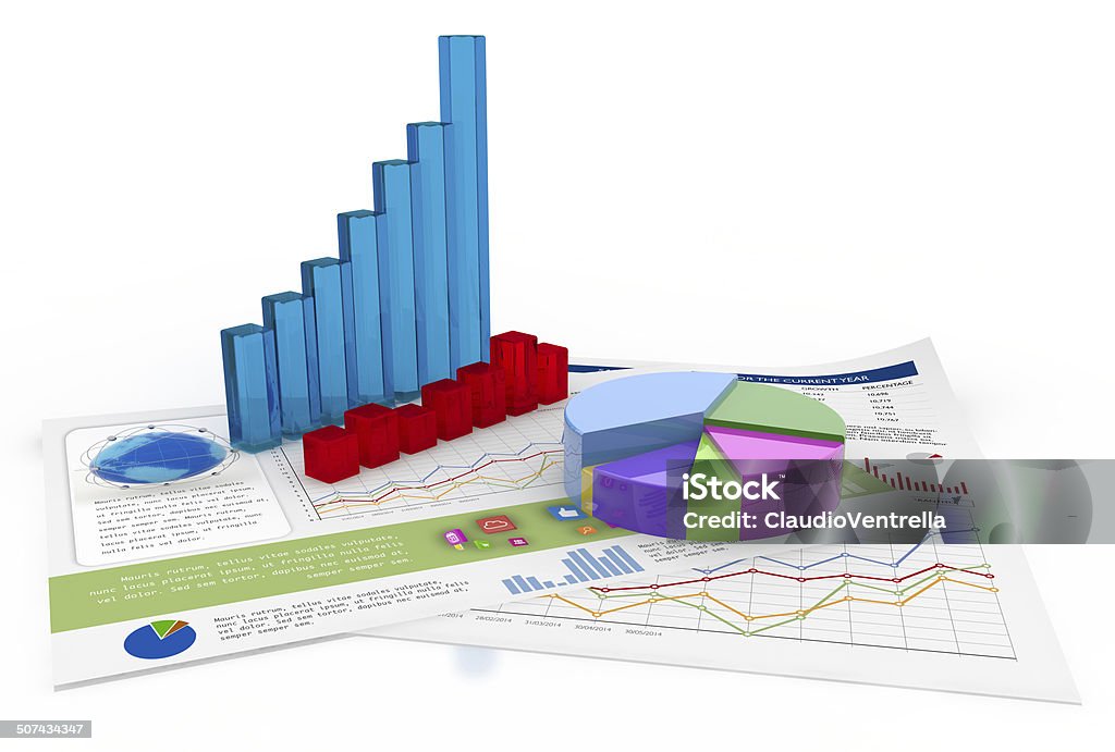 financial data three-dimensional charts and financial documents on white background Analyzing Stock Photo