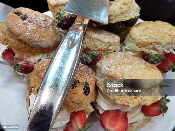 Image Of Cream Scones With Strawberries Cream Tea Cakes Afternoontea Stock Photo - Download Image Now