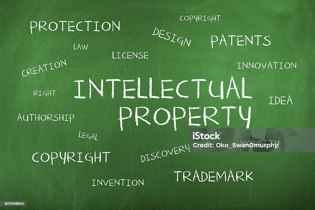 Intellectual Property Intellectual Property word cloud on green blackboard Intellectual Property Stock Photo