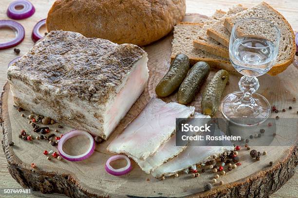 Sliced Lard On A Wooden Desk Stock Photo - Download Image Now - Lard, Pickled, Bread
