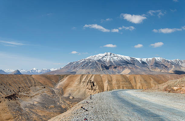 High altitude road with snow capped mountain background