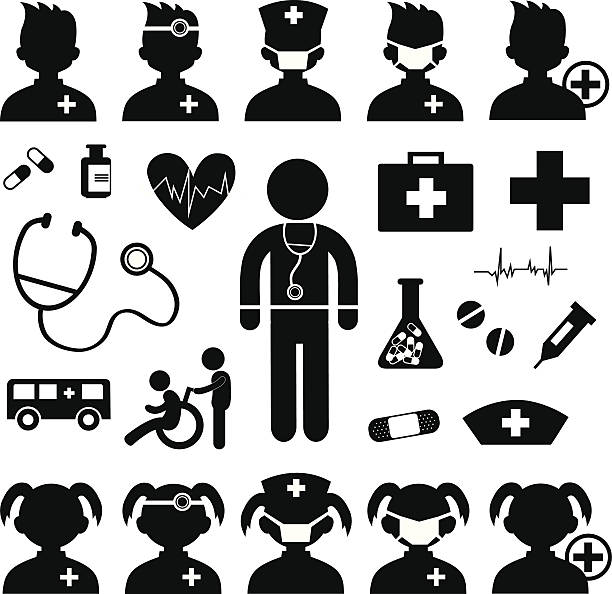 ilustraciones, imágenes clip art, dibujos animados e iconos de stock de icono y el hospital médico - male nurse