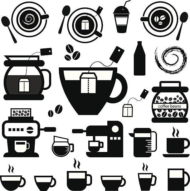 ilustrações de stock, clip art, desenhos animados e ícones de xícara de café e conjunto de ícones - coffee cup bean sugar